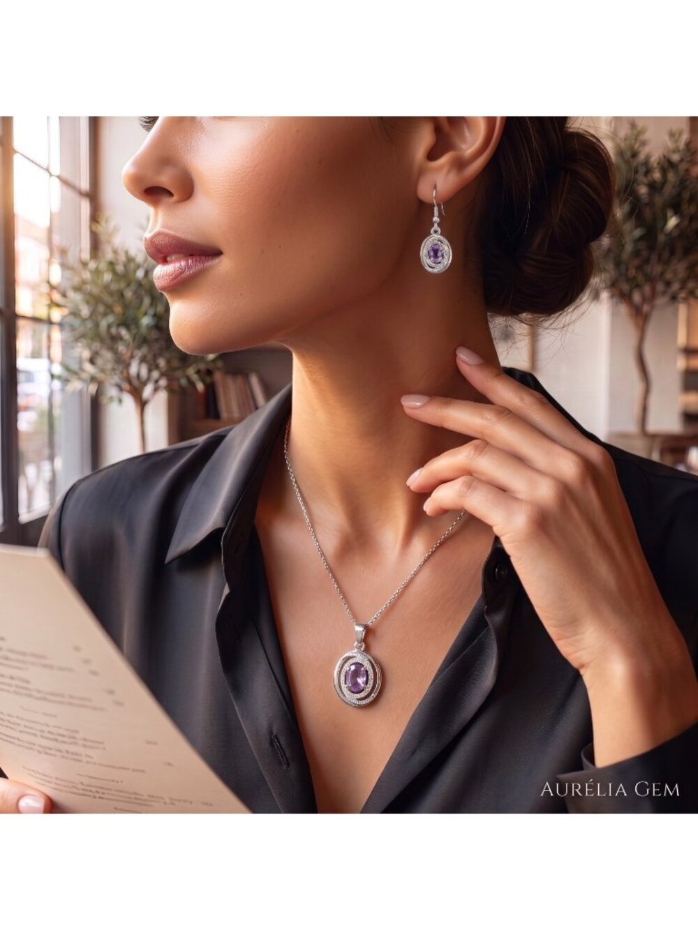Amethyst Oval Necklace Earring Set Silver Tone Gift For Her Purple‎